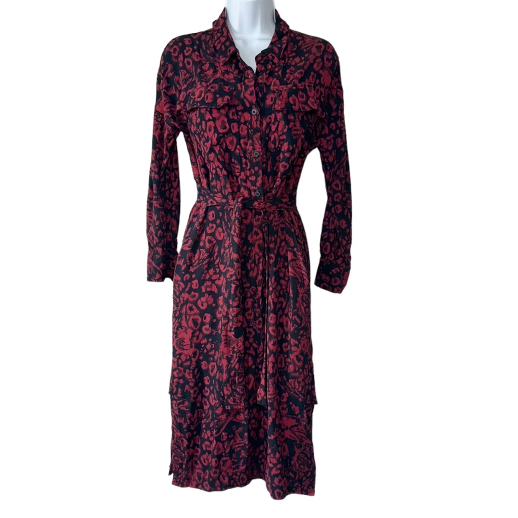 Whistles Women’s Red Multi Jungle Cat Utility Button Front Shirt Dress- Size 4